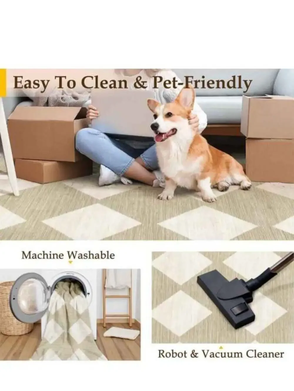6x9 Checkered Area Rugs Living Room Machine Washable Rug NonSlip Stain Resistant